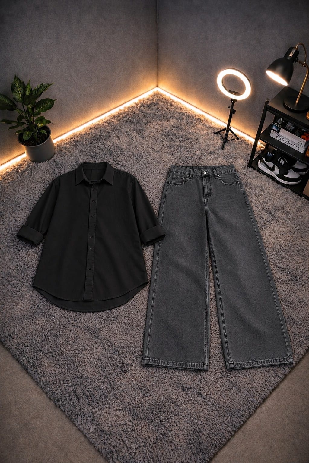 BLACK BUTTON DOWN SHIRT WITH CHARCOAL GREY WIDE LEG JEANS