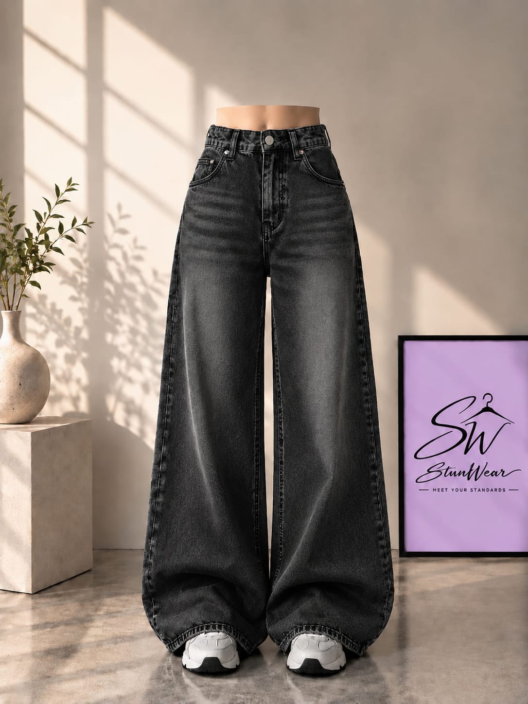 MALAYSIAN BLACK FADED WIDE LEG BAGGY JEANS