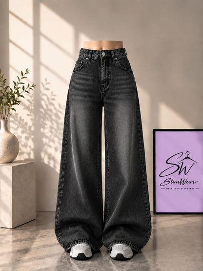 MALAYSIAN BLACK FADED WIDE LEG BAGGY JEANS