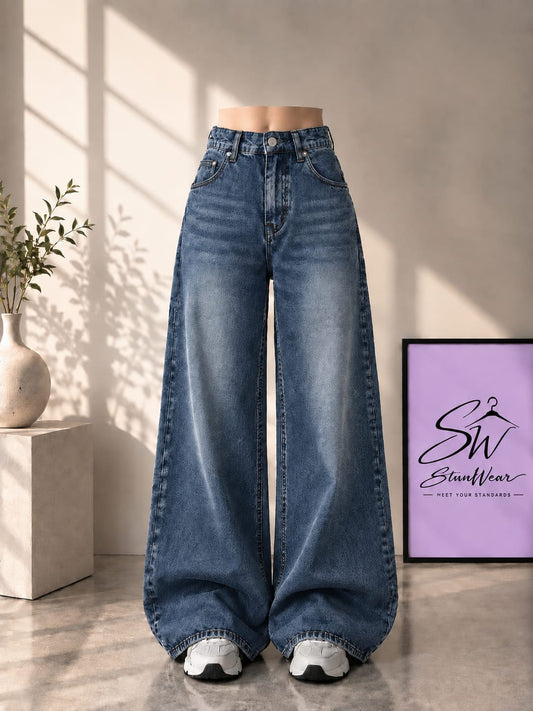 MID BLUE FADED WIDE LEG BAGGY JEANS