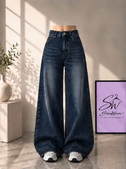DARK BLUE FADED WIDE LEG BAGGY JEANS