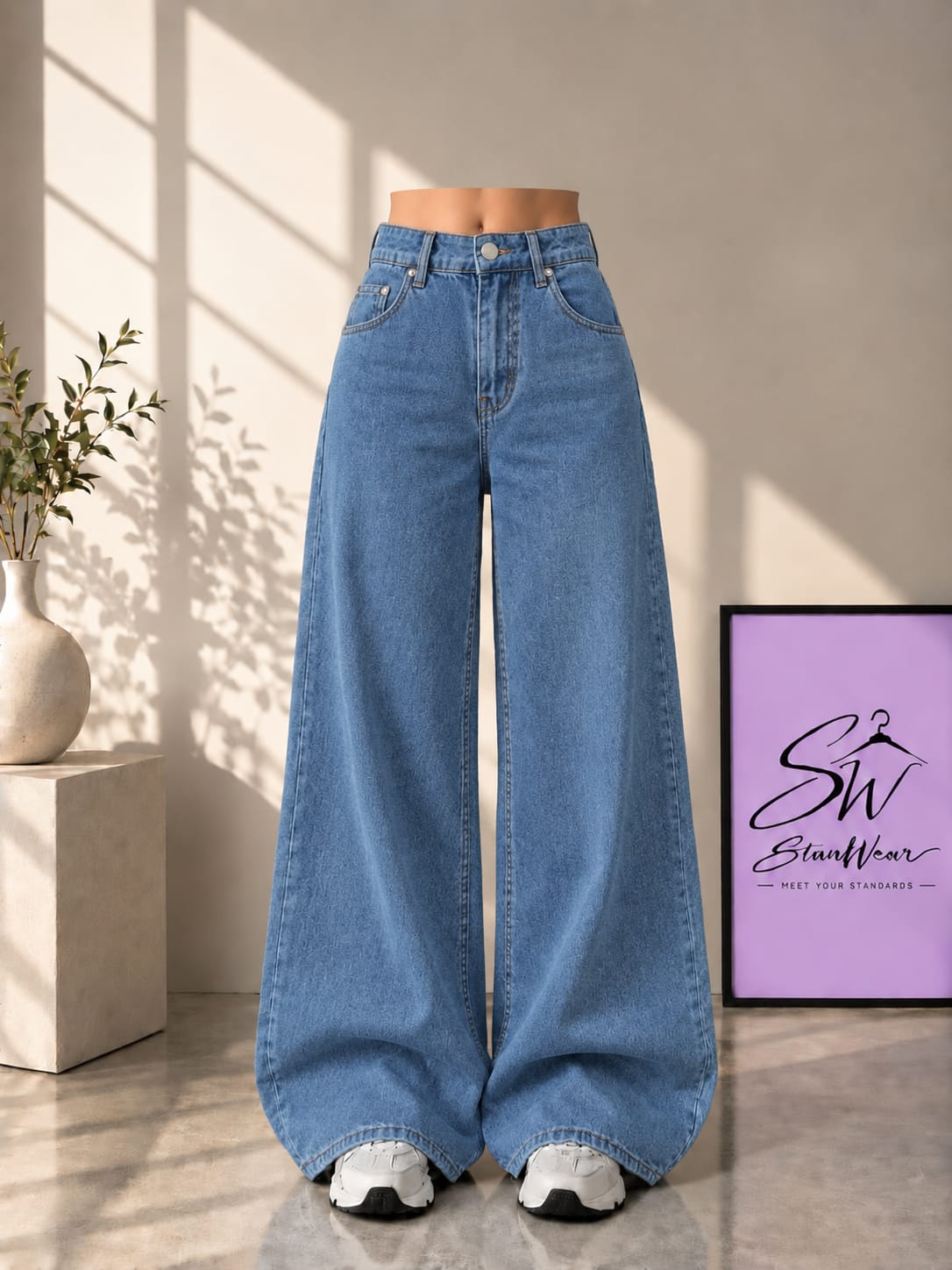 MID BLUE WIDE LEG BAGGY JEANS