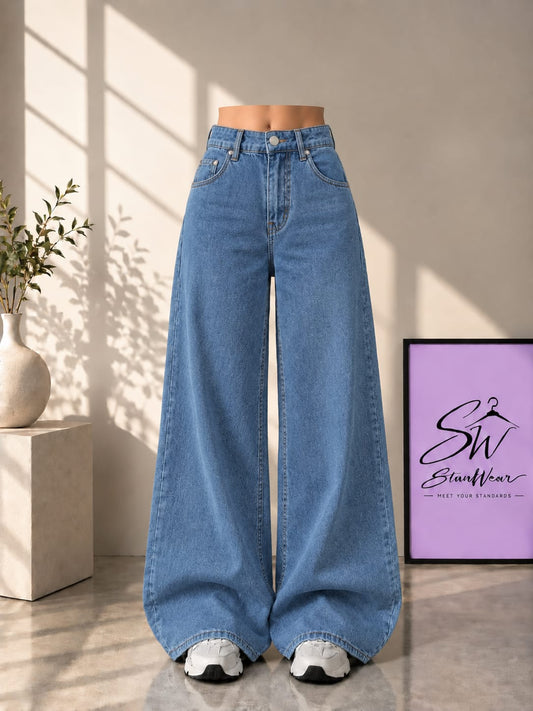 MID BLUE WIDE LEG BAGGY JEANS