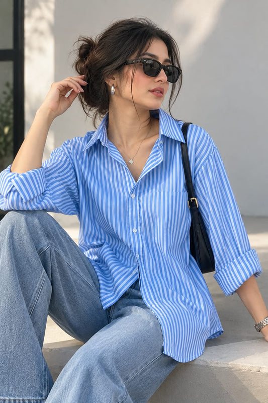 WHITE AND BLUE STRIPES BUTTON DOWN SHIRT