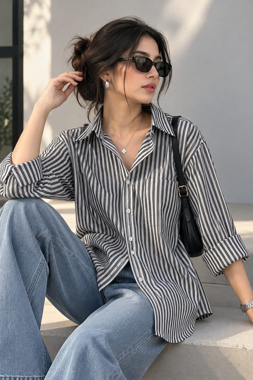 WHITE AND BLACK STRIPES BUTTON DOWN SHIRT