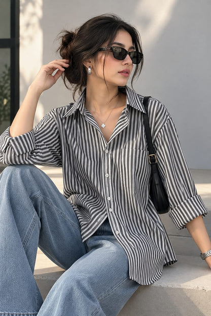 WHITE AND BLACK STRIPES BUTTON DOWN SHIRT