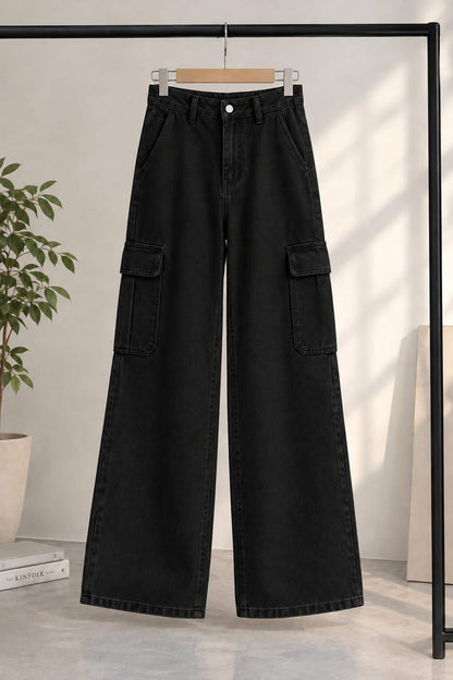 JET BLACK WIDE LEG CARGO JEANS