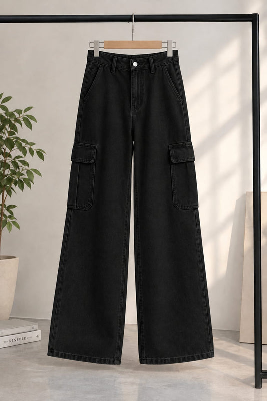 JET BLACK WIDE LEG CARGO JEANS
