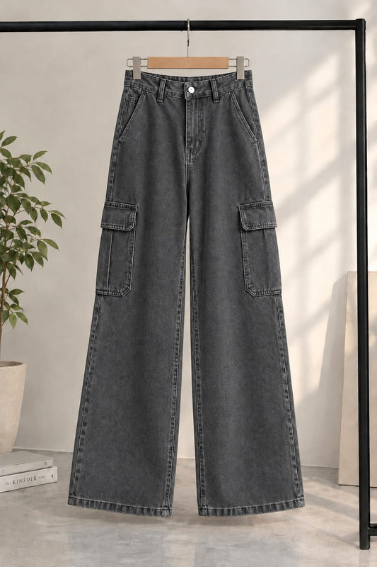 DARK GREY WIDE LEG CARGO JEANS