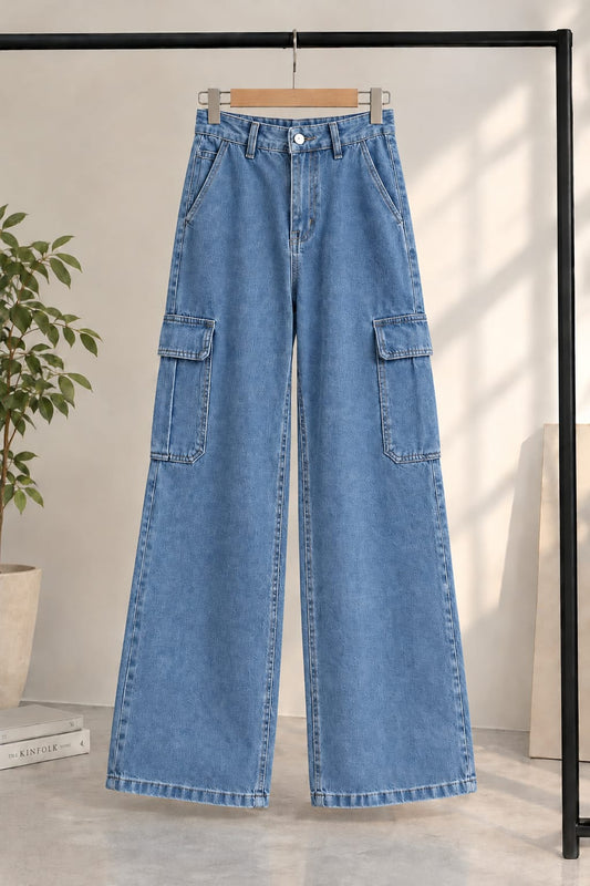 MID BLUE WIDE LEG CARGO JEANS
