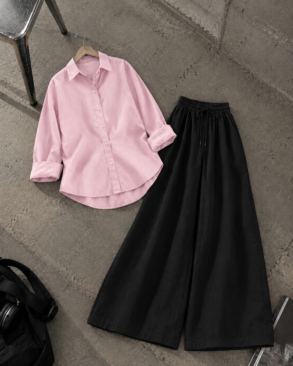 BABY PINK BUTTON DOWN SHIRT WITH BLACK FLAPPER TROUSER