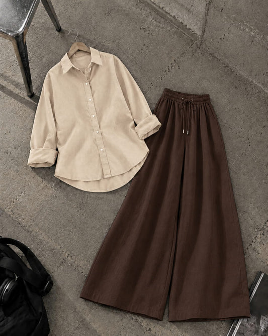 BEIGE BUTTON DOWN SHIRT WITH DARK BROWN FLAPPER TROUSER