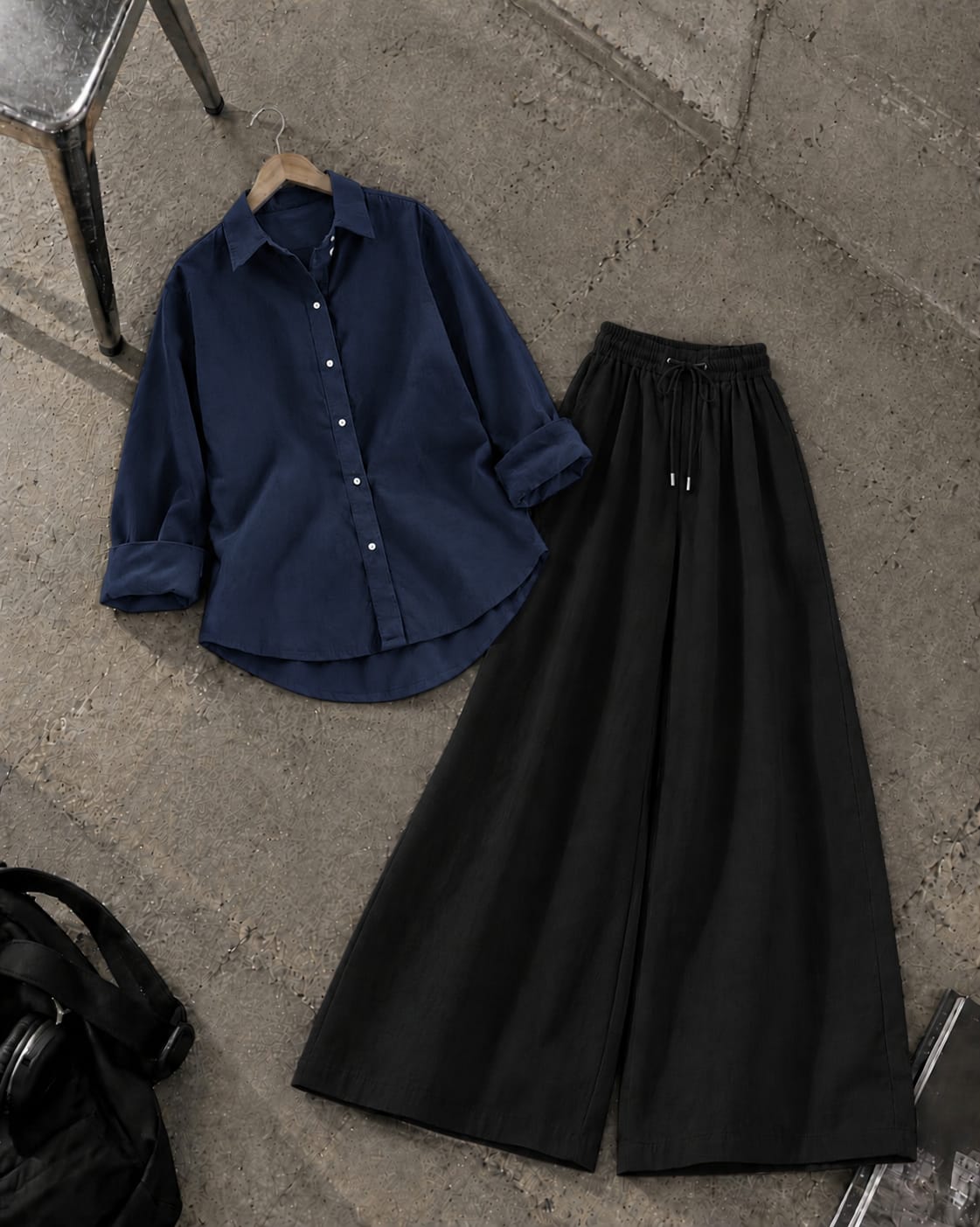 NAVY BLUE BUTTON DOWN SHIRT WITH BLACK FLAPPER TROUSER