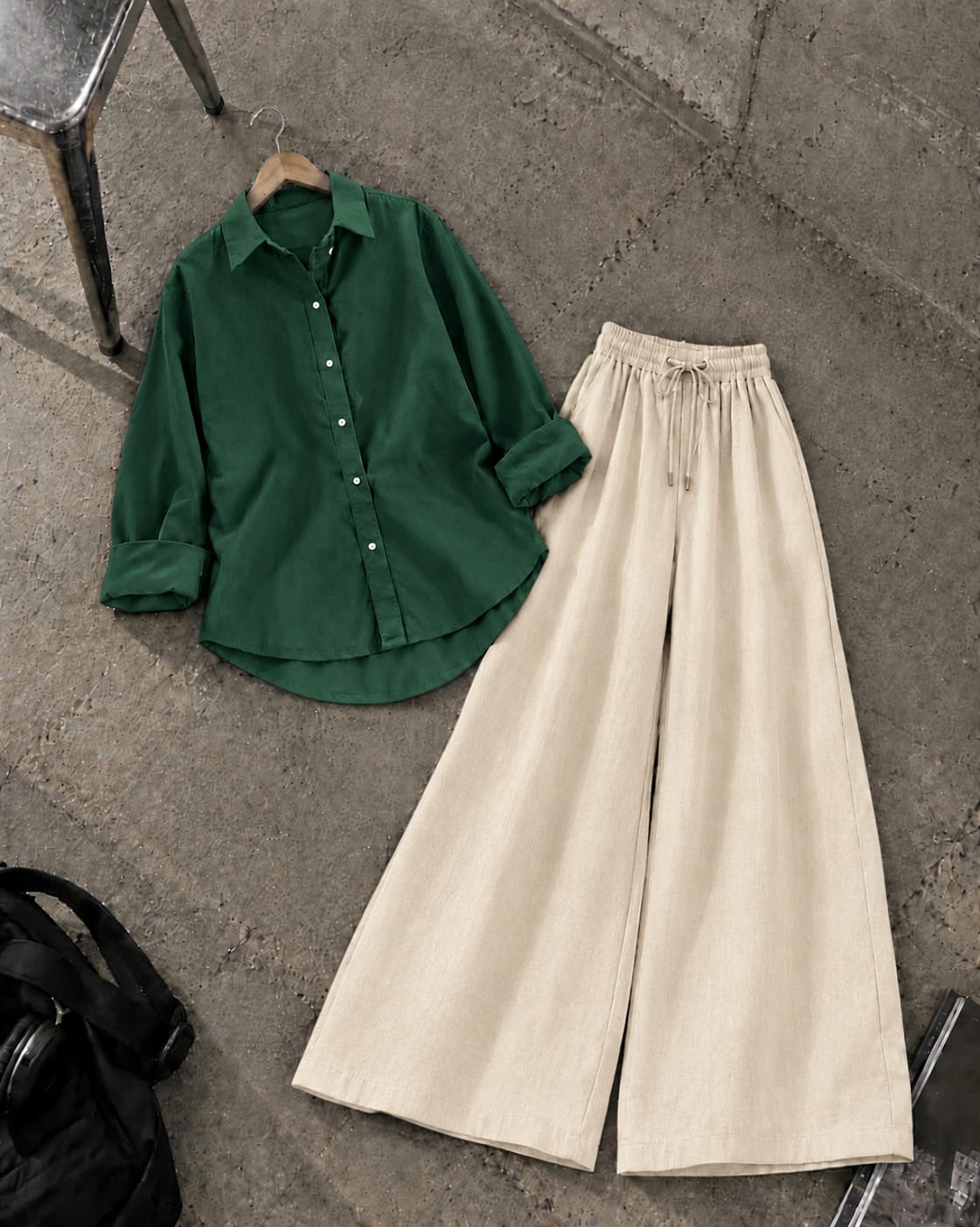 BOTTLE GREEN BUTTON DOWN SHIRT WITH BEIGE FLAPPER TROUSER