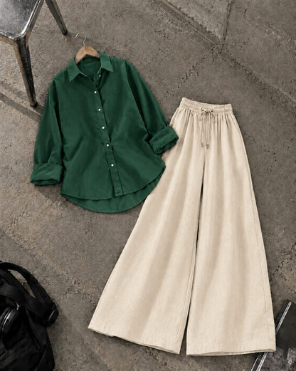 BOTTLE GREEN BUTTON DOWN SHIRT WITH BEIGE FLAPPER TROUSER