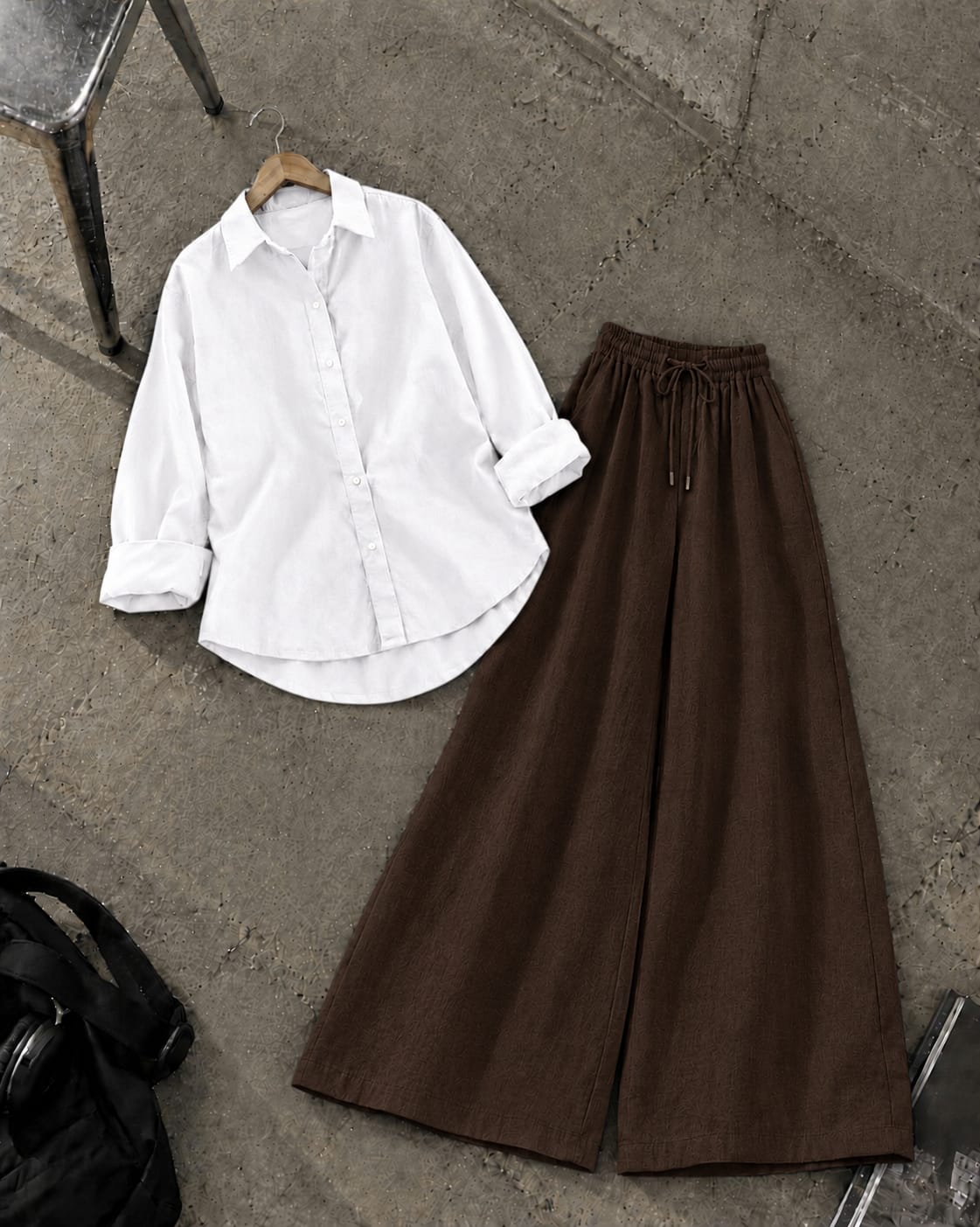 WHITE BUTTON DOWN SHIRT WITH DARK BROWN FLAPPER TROUSER