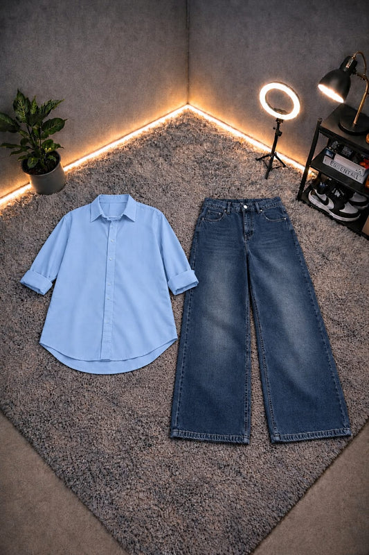 SKY BLUE BUTTON DOWN SHIRT WITH DARK BLUE FADED WIDE LEG JEANS