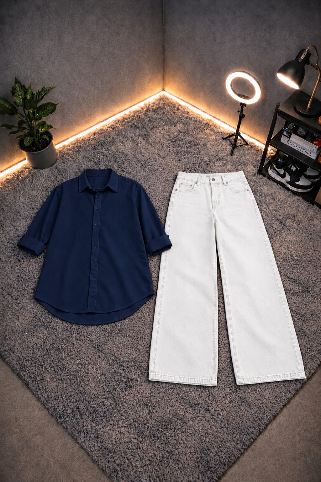 NAVY BLUE BUTTON DOWN SHIRT WITH WHITE WIDE LEG JEANS