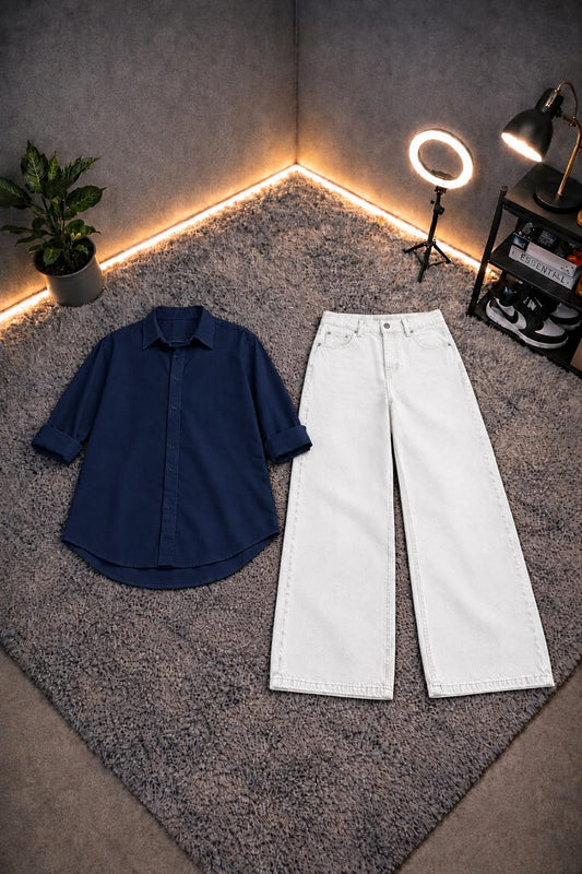 NAVY BLUE BUTTON DOWN SHIRT WITH WHITE WIDE LEG JEANS