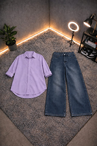 LILAC BUTTON DOWN SHIRT WITH DARK BLUE FADED WIDE LEG JEANS