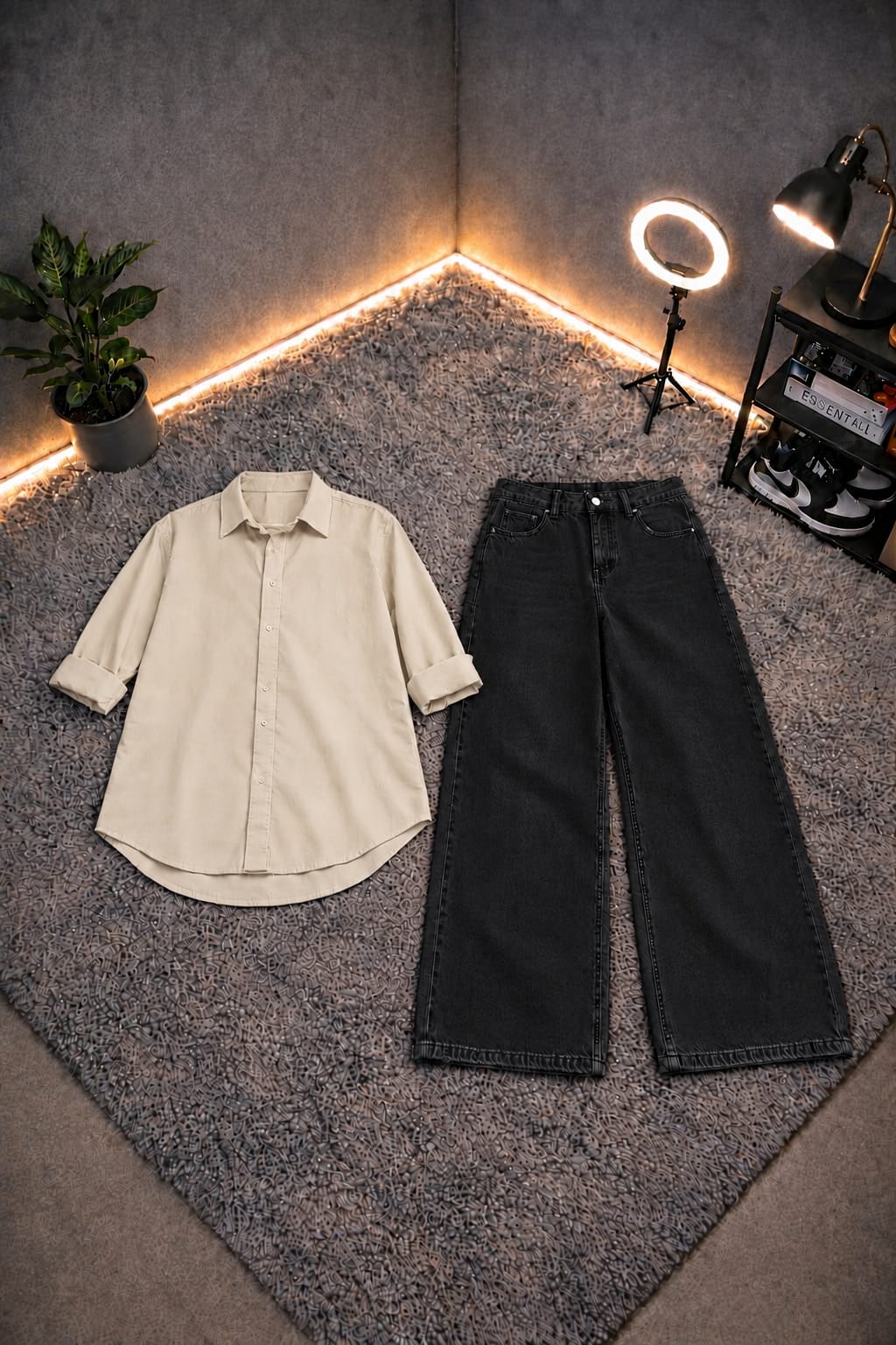 BEIGE BUTTON DOWN SHIRT WITH MALAYSIAN BLACK WIDE LEG JEANS