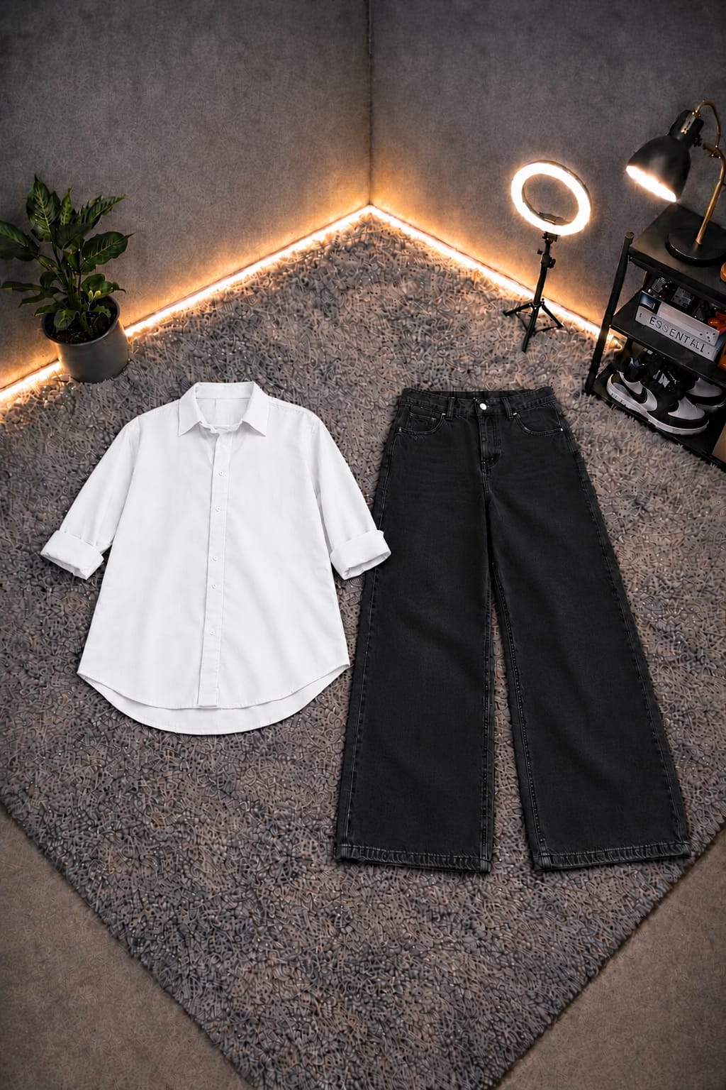 WHITE BUTTON DOWN SHIRT WITH MALAYSIAN BLACK WIDE LEG JEANS