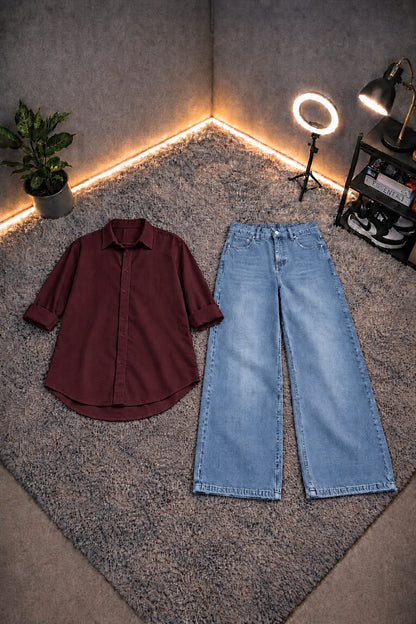 MAROON BUTTON DOWN SHIRT WITH SKY BLUE WIDE LEG JEANS