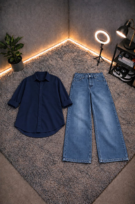 NAVY BLUE BUTTON DOWN SHIRT WITH MID BLUE FADED WIDE LEG JEANS