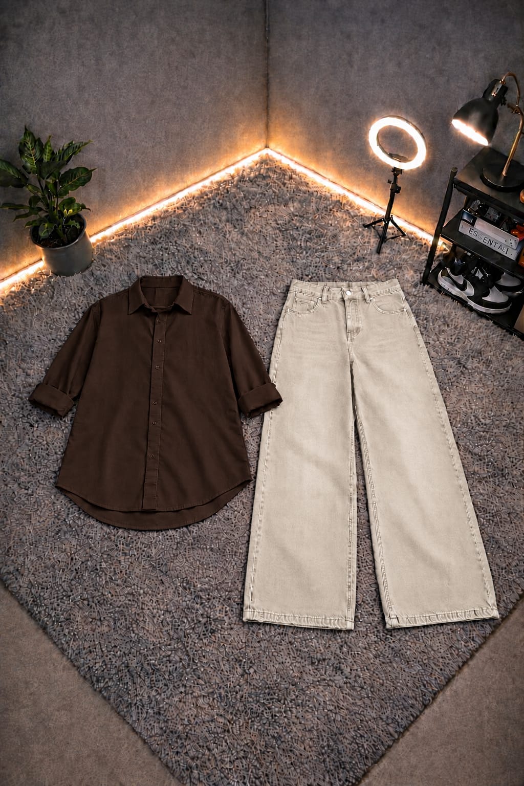 DARK BROWN BUTTON DOWN SHIRT WITH BEIGE WIDE LEG JEANS