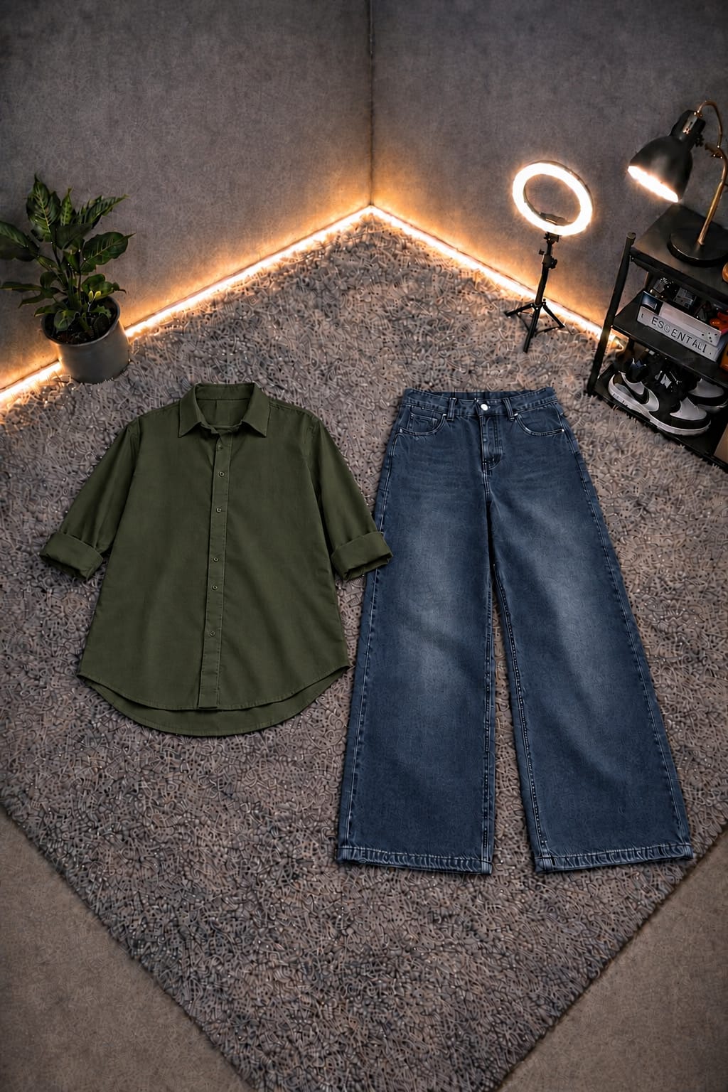 OLIVE GREEN BUTTON DOWN SHIRT WITH DARK MID BLUE FADED WIDE LEG JEANS