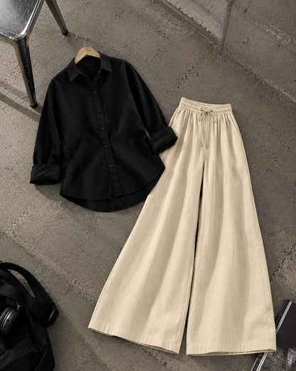 BLACK BUTTON DOWN SHIRT WITH BEIGE FLAPPER TROUSER