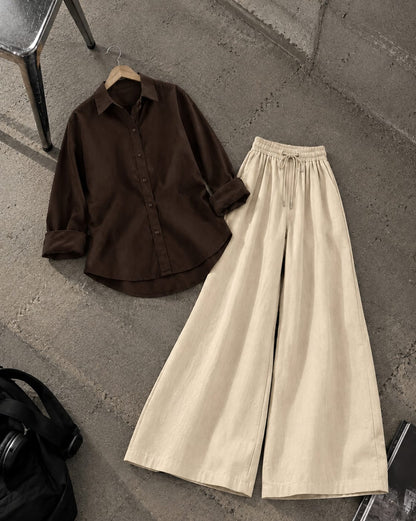 DARK BROWN BUTTON DOWN SHIRT WITH BEIGE FLAPPER TROUSER